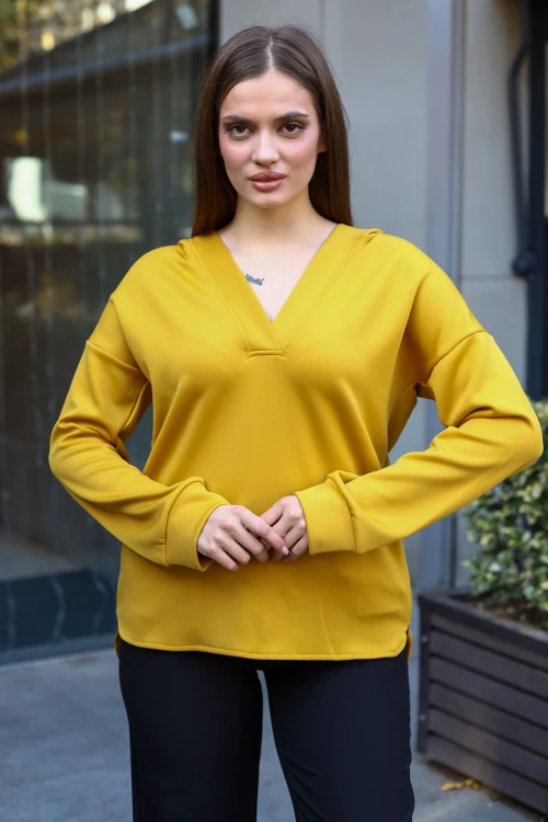 Hardal V Yaka Kapüşonlu Arkası Uzun Scuba Salaş Sweatshirt BCBSK-25700-3506