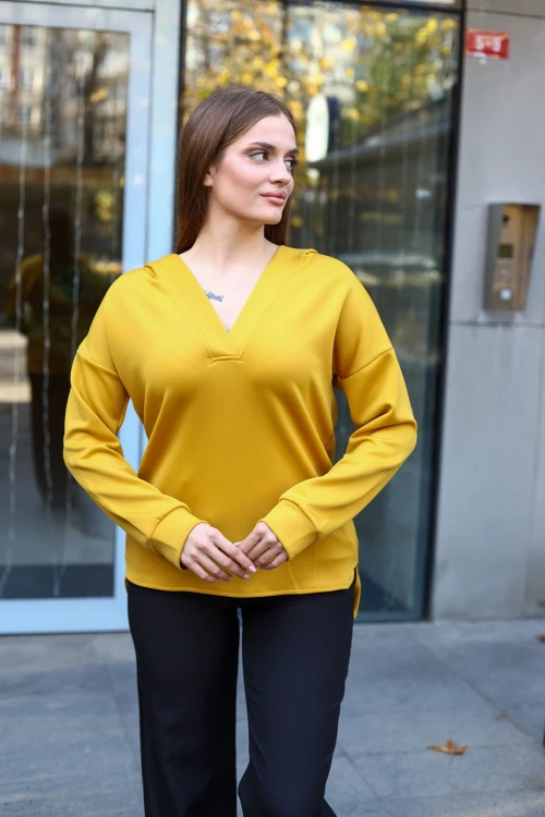 Hardal V Yaka Kapüşonlu Arkası Uzun Scuba Salaş Sweatshirt BCBSK-25700-3506