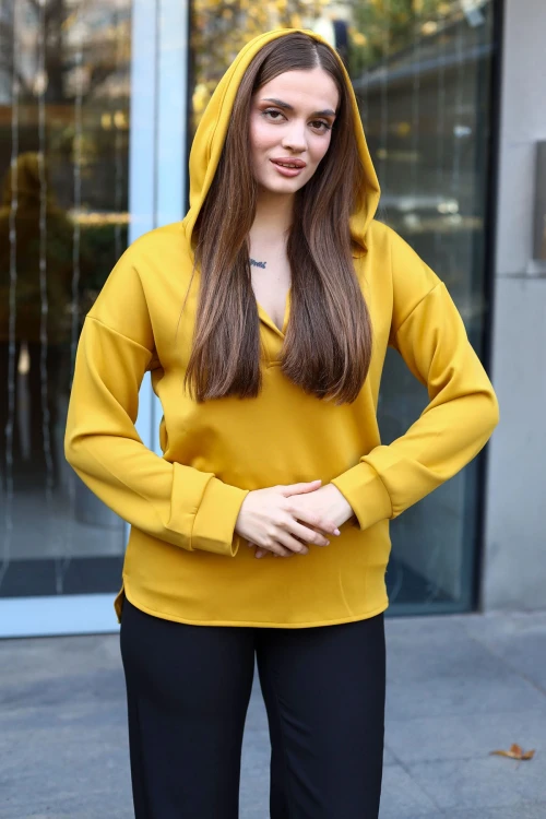 Hardal V Yaka Kapüşonlu Arkası Uzun Scuba Salaş Sweatshirt BCBSK-25700-3506