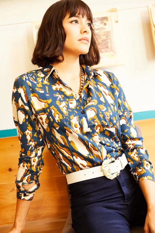 İndigo Desenli Uzun Kol Gömlek BCBSK-25700-K5807