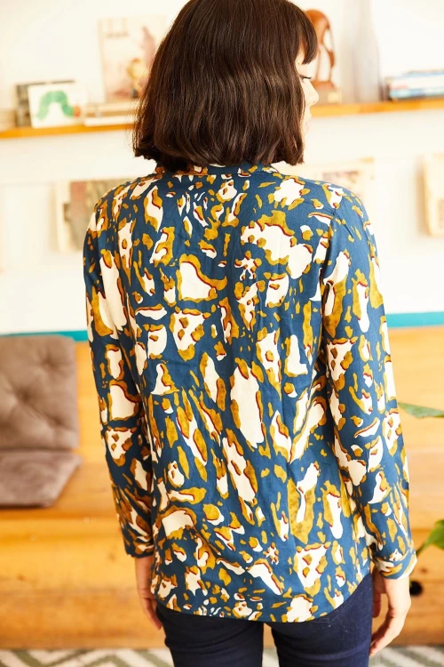 İndigo Desenli Uzun Kol Gömlek BCBSK-25700-K5807