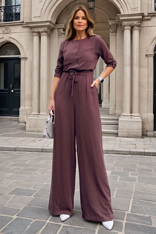 Kahve Kendinden Kemerli Beli Lastikli Yarım Pat Cepli Tulum BCBSK-25700-3297