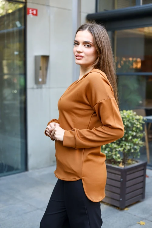 Kahve V Yaka Kapüşonlu Arkası Uzun Scuba Salaş Sweatshirt BCBSK-25700-3506