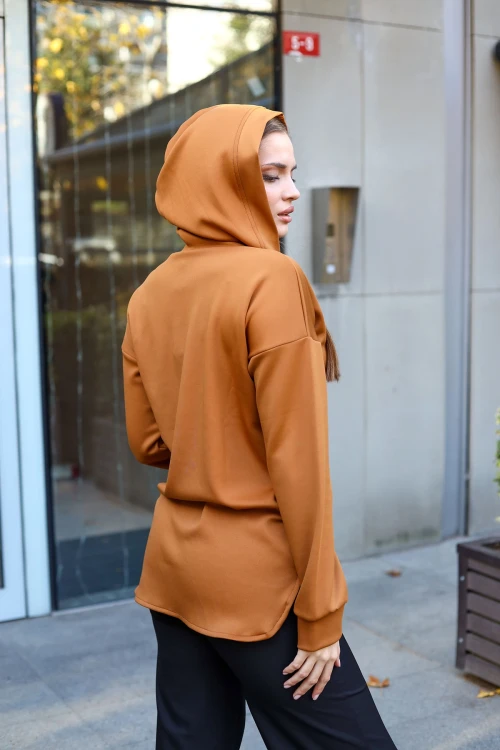 Kahve V Yaka Kapüşonlu Arkası Uzun Scuba Salaş Sweatshirt BCBSK-25700-3506