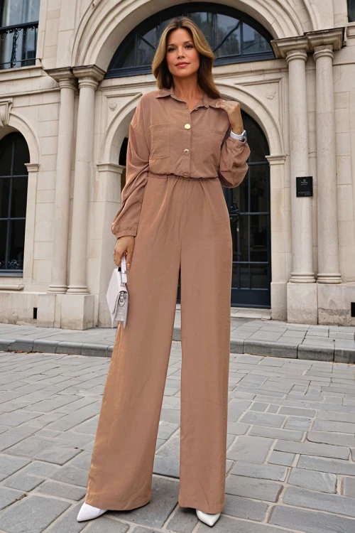 Kahve Yarım Patlı Beli Lastikli Bol Paça Cepli Salaş Tulum BCBSK-25700-3360