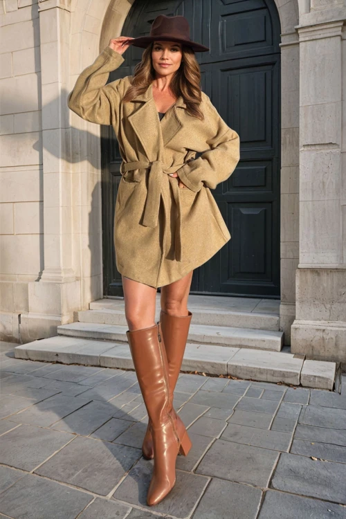 Karamel Kahve Kendinden Kuşaklı Cepli Ceket Yaka Kısa Kaşe Kaban BCBSK-25700-3296