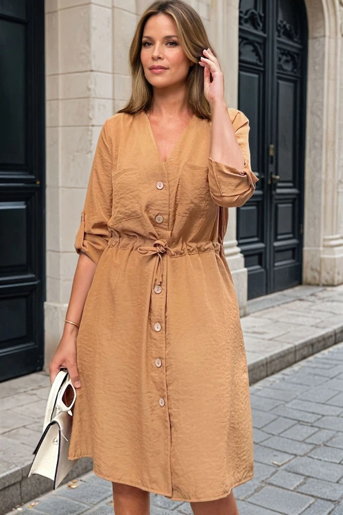 Karamel Modal Beli Bağlamalı Cepli Önü Düğmeli Salaş Elbise BCBSK-25700-3411