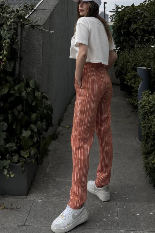 Kiremit Duble Paça Çizgili Dokulu Pantolon BCBSK-25700-3277