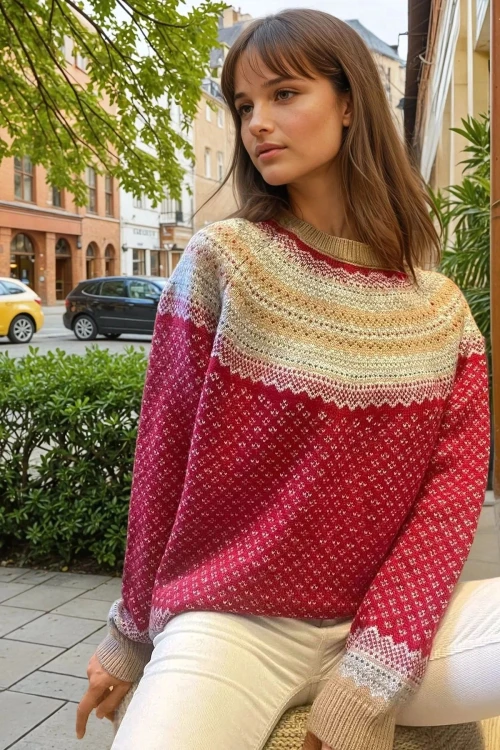 Kırmızı Ekru Triko Dokulu Oversize Yumuşak Kazak BCBSK-25700-CCK2023