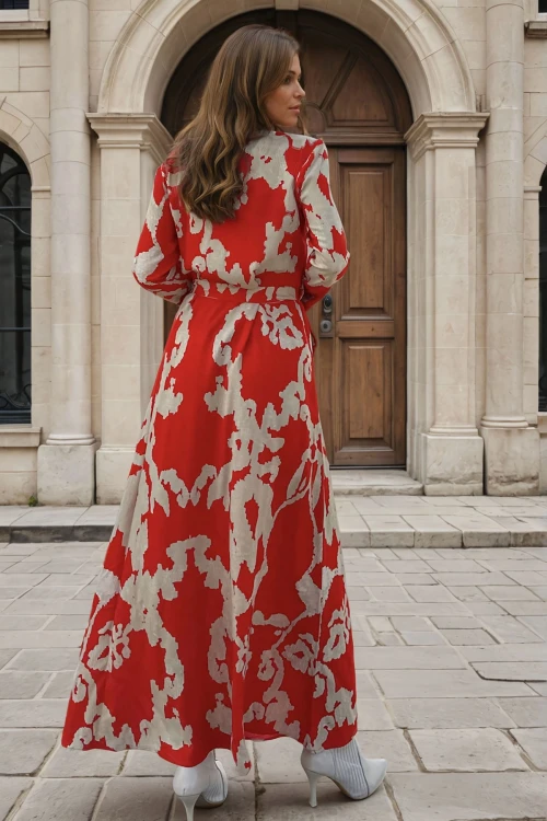 Kırmızı Hafif Kumaş Desenli Elbise BCBSK-25700-3413