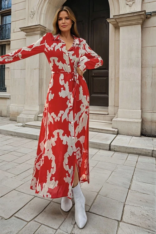 Kırmızı Hafif Kumaş Desenli Elbise BCBSK-25700-3413