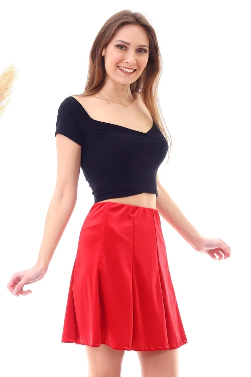 Kırmızı Parçalı Lastikli Kısa Kadife Etek CO-259474746