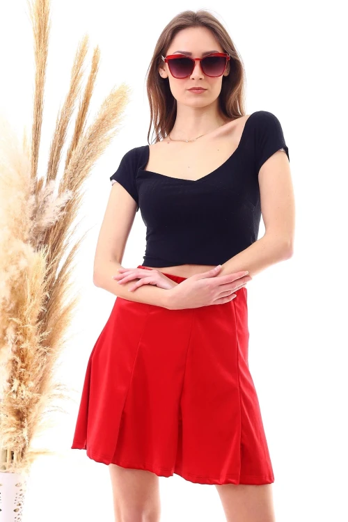 Kırmızı Parçalı Lastikli Kısa Kadife Etek CO-259474746