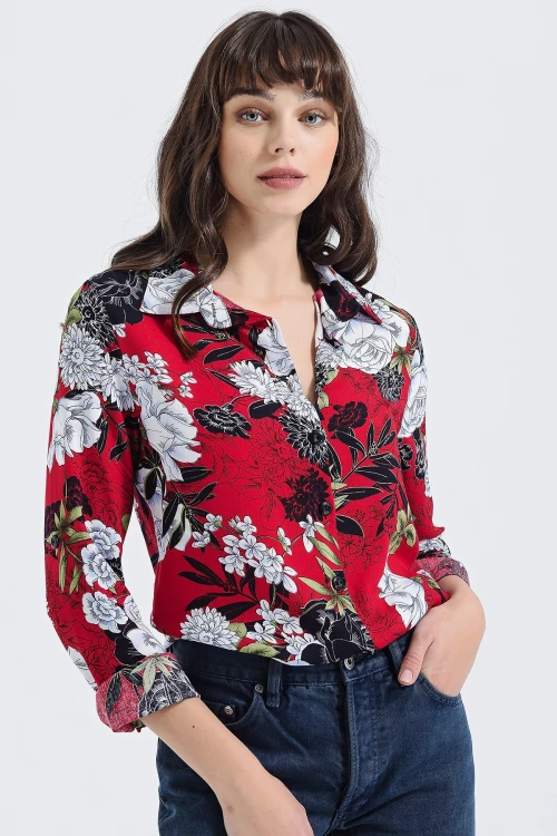 Kırmızı Uzun Kollu Düğmeli Oversize Gömlek BCBSK-25700-2711