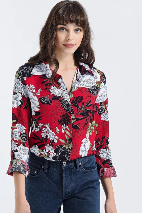 Kırmızı Uzun Kollu Düğmeli Oversize Gömlek BCBSK-25700-2711