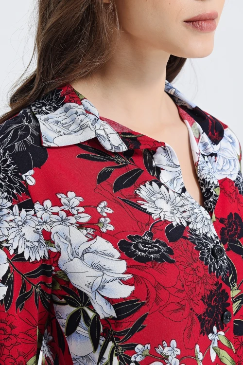 Kırmızı Uzun Kollu Düğmeli Oversize Gömlek BCBSK-25700-2711