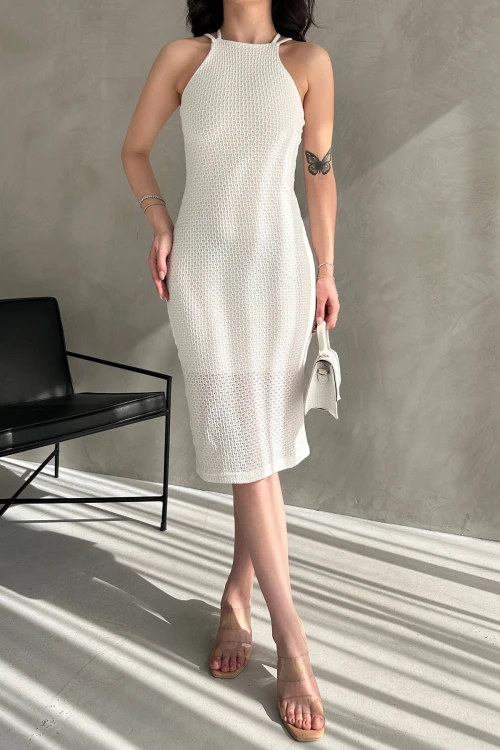 Krem Halter Yaka Sırtı Çapraz Bant Detaylı Triko Elbise BCDF-241067