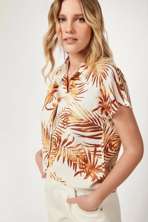 Krem Kısa Kol Desenli Gömlek BCBSK-25700-K5419