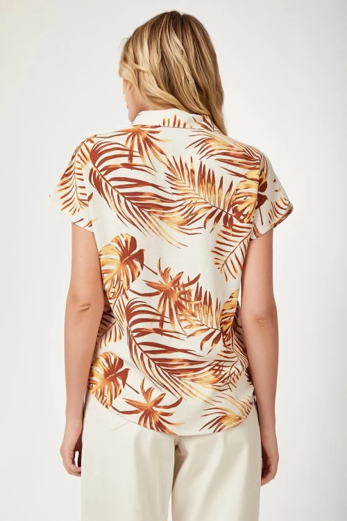 Krem Kısa Kol Desenli Gömlek BCBSK-25700-K5419