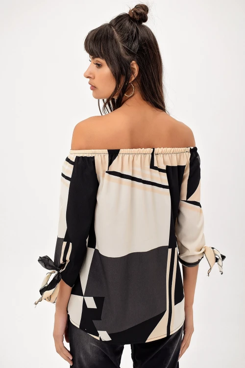 Krem Omzu Açık Desenli Bluz BCBSK-25700-H5013