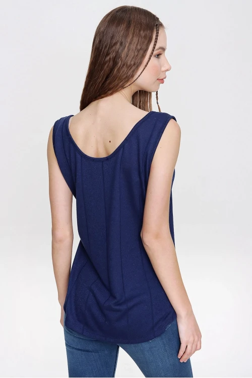 Lacivert Askılı Düğmeli İnce Örme Triko Bluz BCBSK-25700-3134