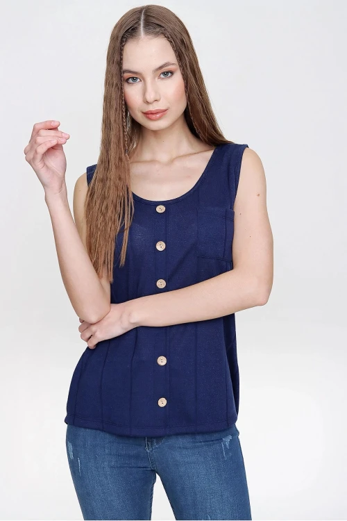 Lacivert Askılı Düğmeli İnce Örme Triko Bluz BCBSK-25700-3134