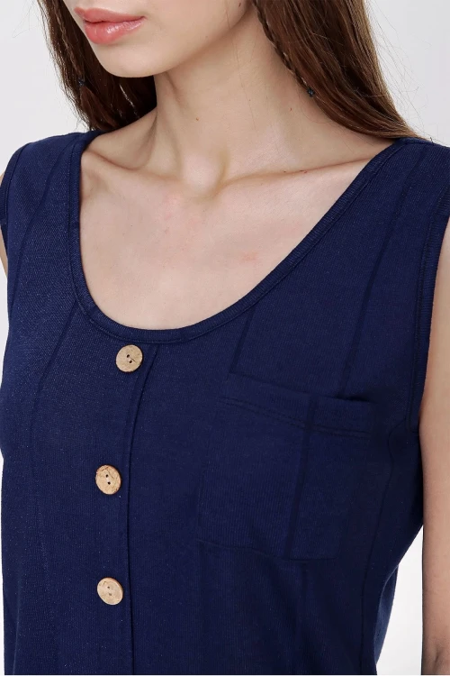 Lacivert Askılı Düğmeli İnce Örme Triko Bluz BCBSK-25700-3134