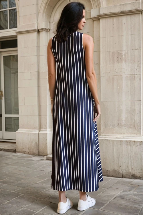 Lacivert Biisklet Yaka Kolsuz Çizgili Uzun Boy Elbise BCBSK-25700-K5325