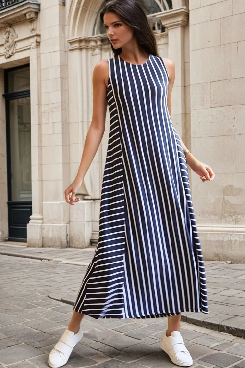 Lacivert Biisklet Yaka Kolsuz Çizgili Uzun Boy Elbise BCBSK-25700-K5325