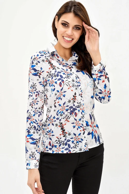 Lacivert Çiçekli Krep Gömlek BCBSK-25700-G1035