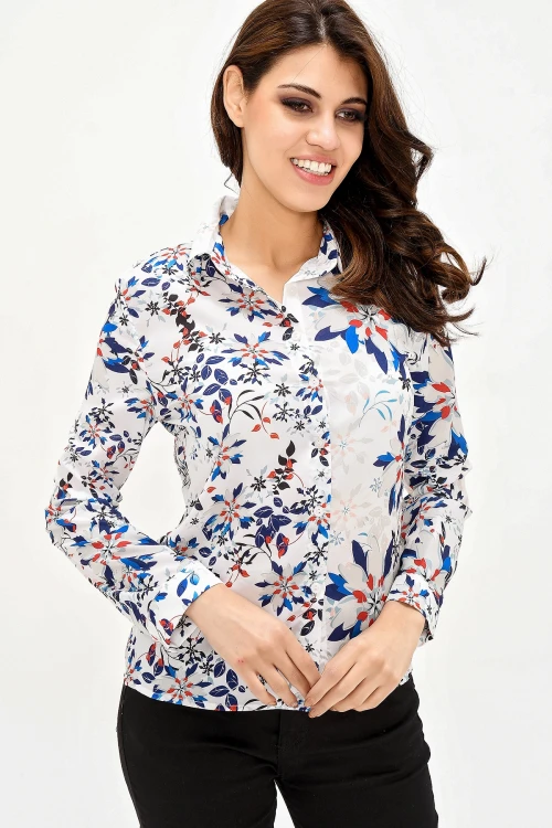 Lacivert Çiçekli Krep Gömlek BCBSK-25700-G1035