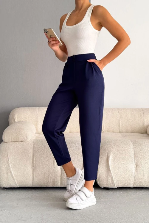 Lacivert Çift Cepli Likralı Crep Havuç Pantolon BC241069