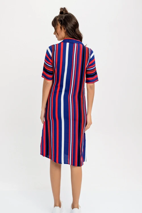 Lacivert Kırmızı Kendinden Kemerli Yanı Yırtmaçlı Gömlek Elbise BCBSK-25650-2244