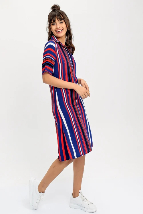 Lacivert Kırmızı Kendinden Kemerli Yanı Yırtmaçlı Gömlek Elbise BCBSK-25650-2244