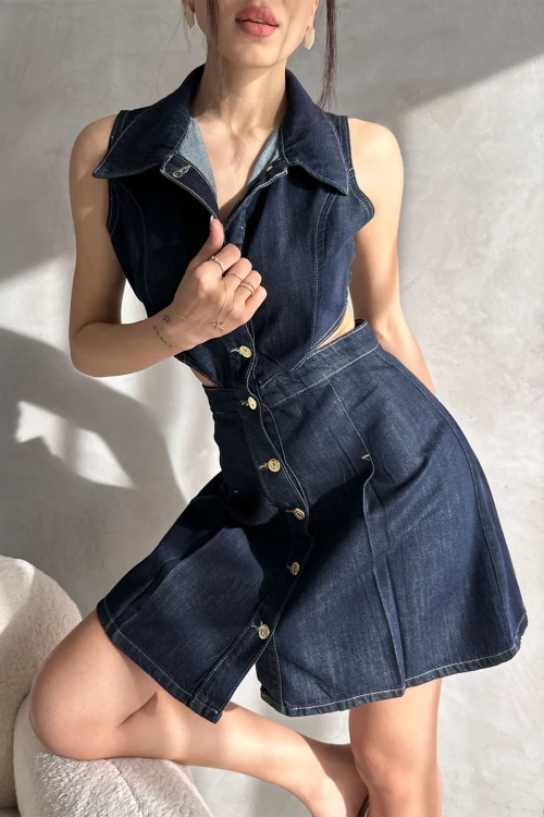 Lacivert Kolsuz Bel Dekolteli Özel Tasarım Jean Elbise