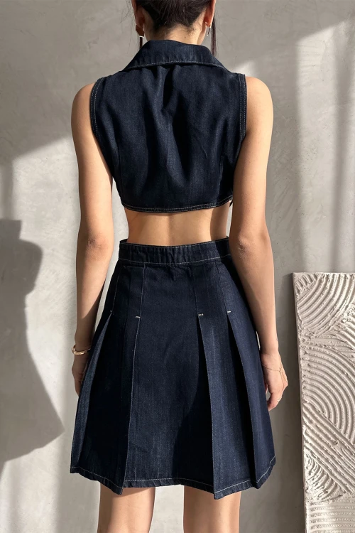 Lacivert Kolsuz Bel Dekolteli Özel Tasarım Jean Elbise