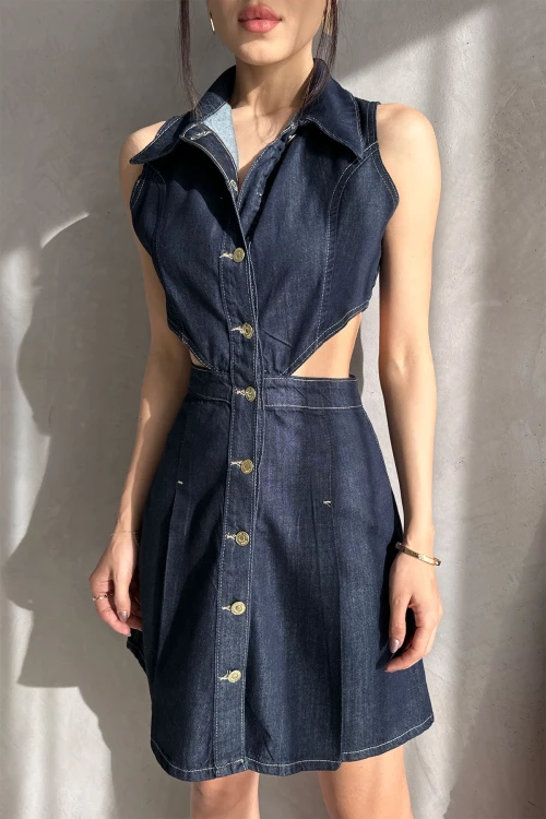 Lacivert Kolsuz Bel Dekolteli Özel Tasarım Jean Elbise