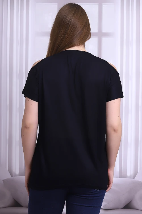 Lacivert Omuzu Açık Halka Aksesuarlı Kısa Kol Büyük Beden Bluz CO-25B21399903