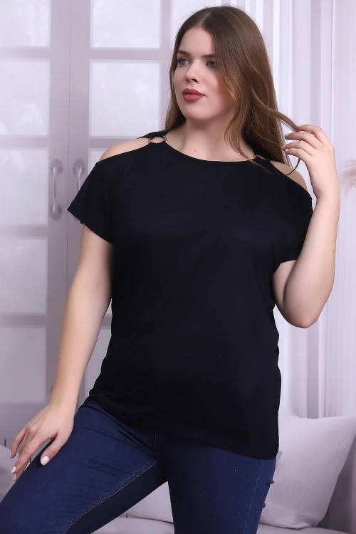 Lacivert Omuzu Açık Halka Aksesuarlı Kısa Kol Büyük Beden Bluz CO-25B21399903