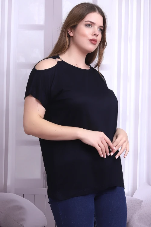 Lacivert Omuzu Açık Halka Aksesuarlı Kısa Kol Büyük Beden Bluz CO-25B21399903