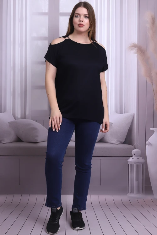 Lacivert Omuzu Açık Halka Aksesuarlı Kısa Kol Büyük Beden Bluz CO-25B21399903