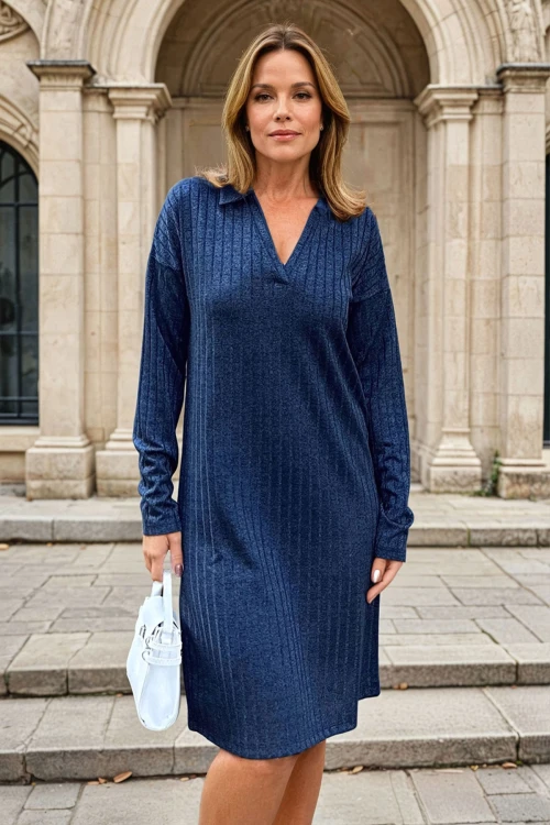 Lacivert Polo Yaka Salaş Kendinden Desenli Simli Elbise BCBSK-25700-2988