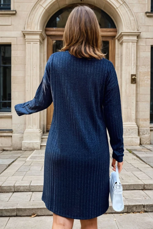 Lacivert Polo Yaka Salaş Kendinden Desenli Simli Elbise BCBSK-25700-2988