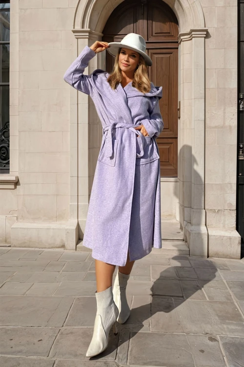 Lila Kendinden Kemerli Kapüşonlu Salaş Kaşe Kaban BCBSK-25700-3269