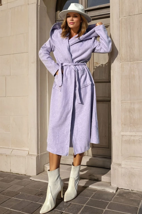 Lila Kendinden Kemerli Kapüşonlu Salaş Kaşe Kaban BCBSK-25700-3269