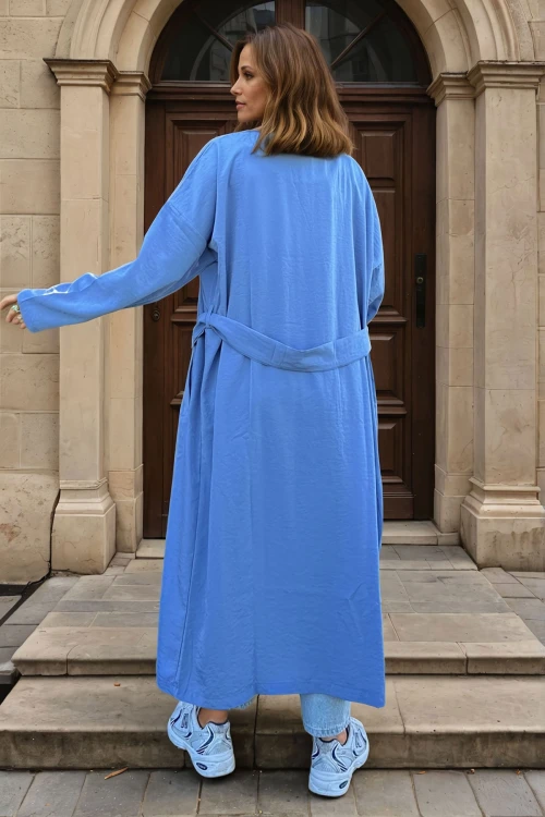 Mavi Ceket Yaka Düğmeli Cepli Kendinden Kemerli Salaş İnce Trençkot BCBSK-25700-3335