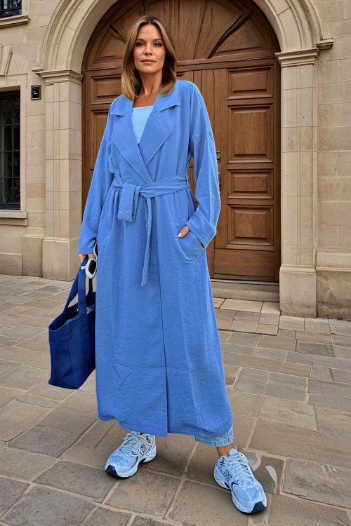 Mavi Ceket Yaka Düğmeli Cepli Kendinden Kemerli Salaş İnce Trençkot BCBSK-25700-3335