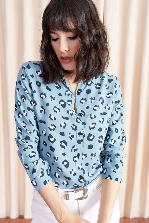 Mavi Desenli Uzun Kol Viscon Gömlek BCBSK-25700-K4922