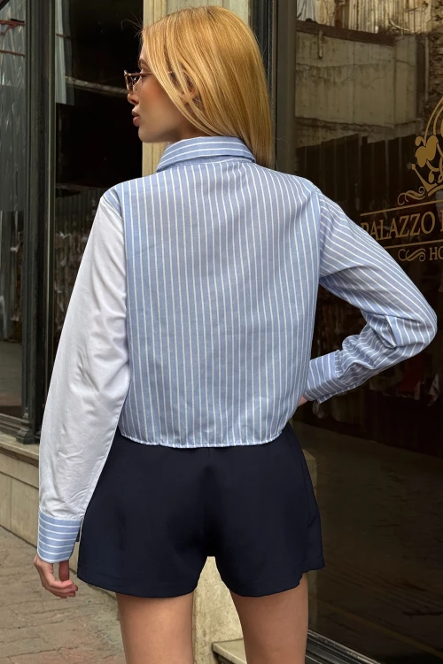 Mavi Özel Tasarım Yaka Kol Düğmeli Çizgi Garnili Crop Boy Bluz Gömlek BC241172