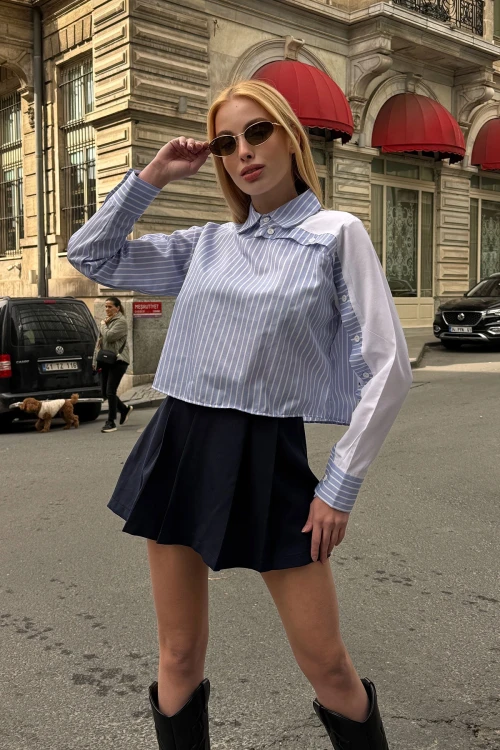Mavi Özel Tasarım Yaka Kol Düğmeli Çizgi Garnili Crop Boy Bluz Gömlek BC241172